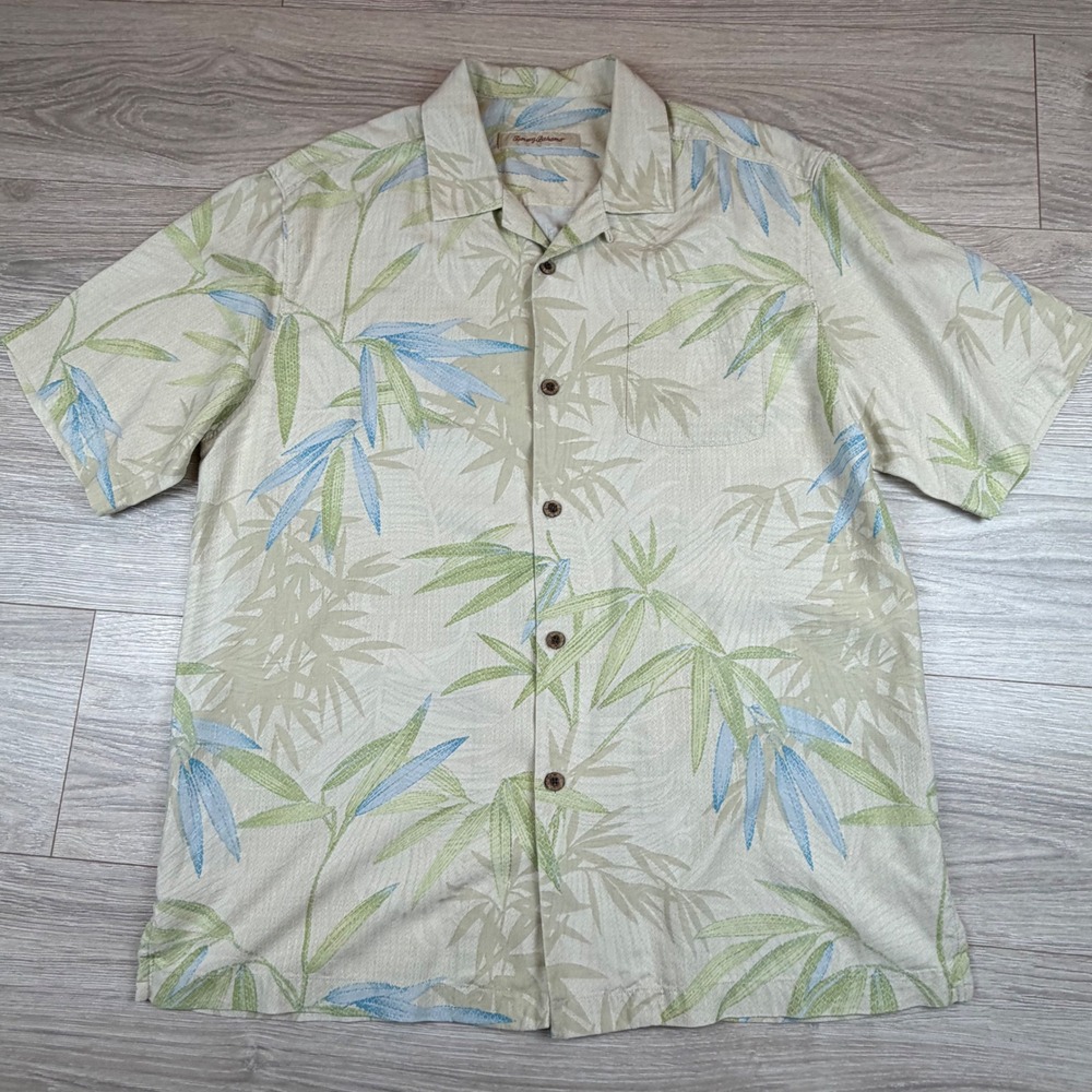 Tommy Bahama Mens M Silk Button Up Camp Shirt Bamboo Leaf Print Short‎ Sleeve